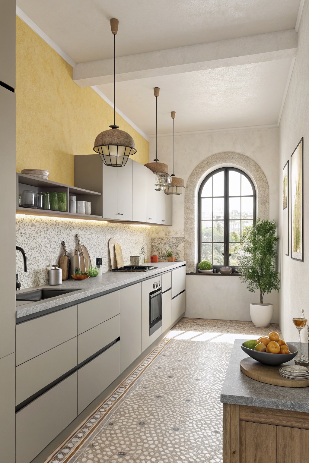 A warm yellow wall in a modern kitchen with white and gray cabinetry.