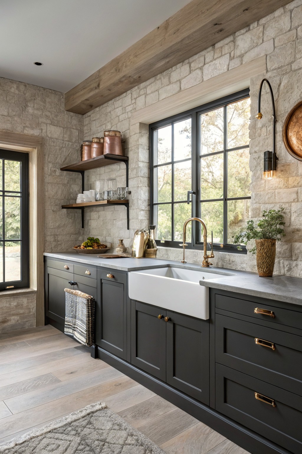 Dark gray kitchen cabinets paired with a white farmhouse sink and stone walls.