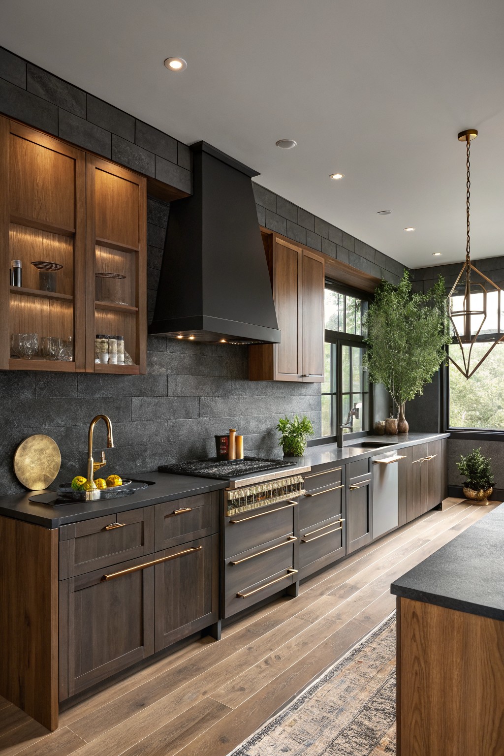 A modern kitchen with dark gray walls and wood cabinets.