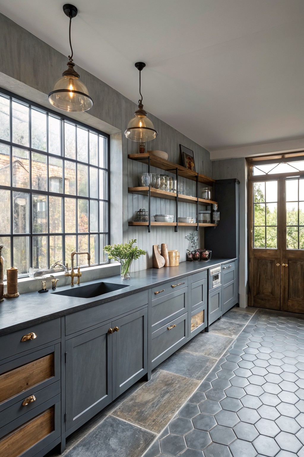 Dark gray kitchen cabinets paired with open wood shelves and a black countertop.