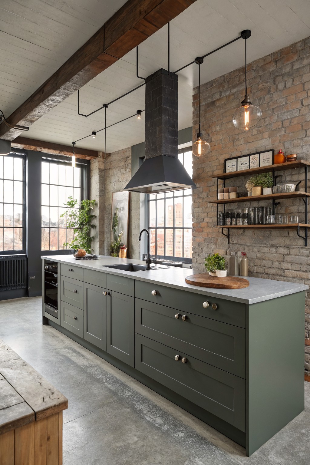 Dark gray-green kitchen cabinets in a modern industrial space with brick walls.