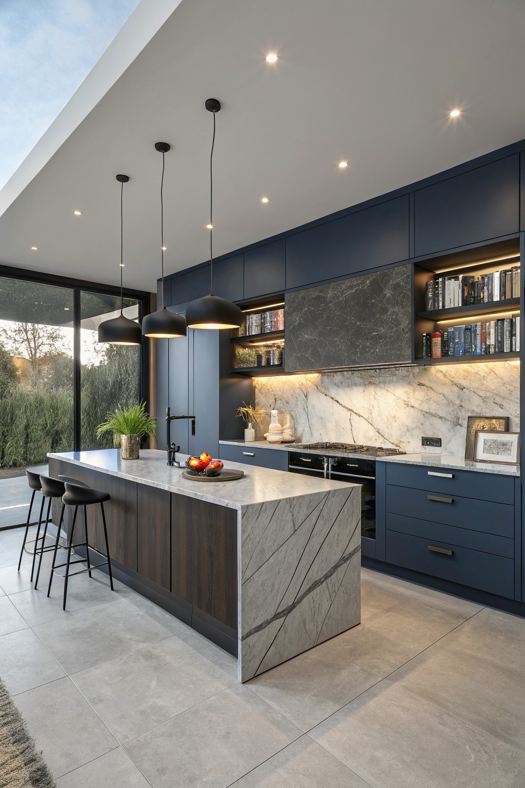 Dark navy gray cabinets in a modern kitchen with marble counters and wood island.