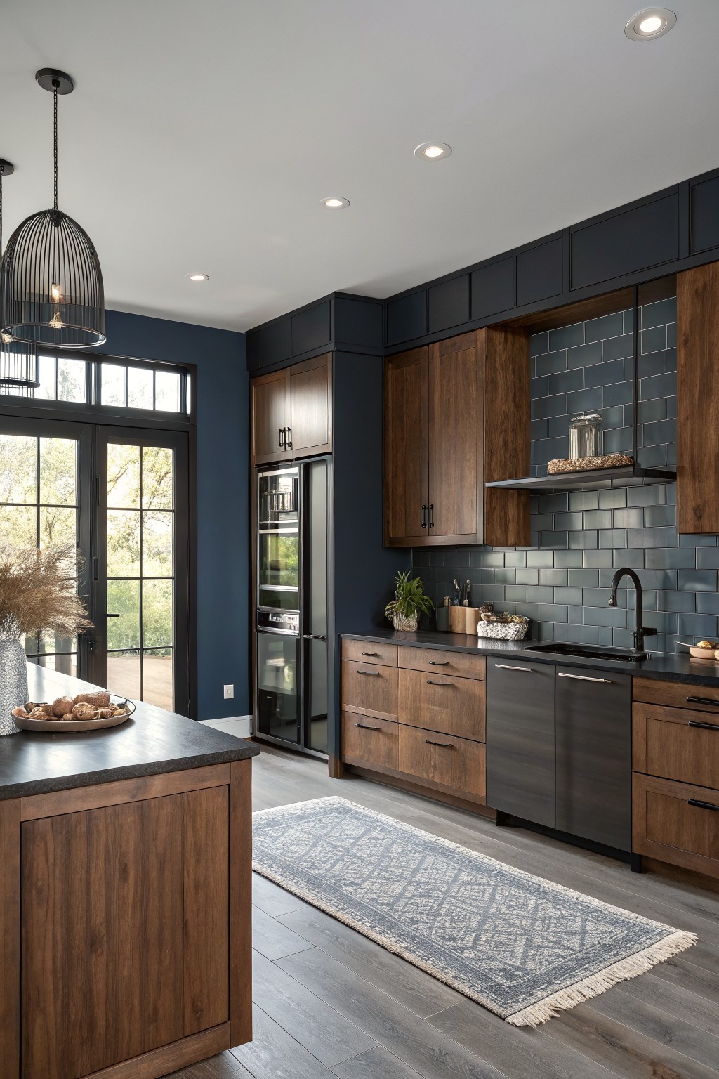 A kitchen featuring deep navy walls paired with wood cabinets.