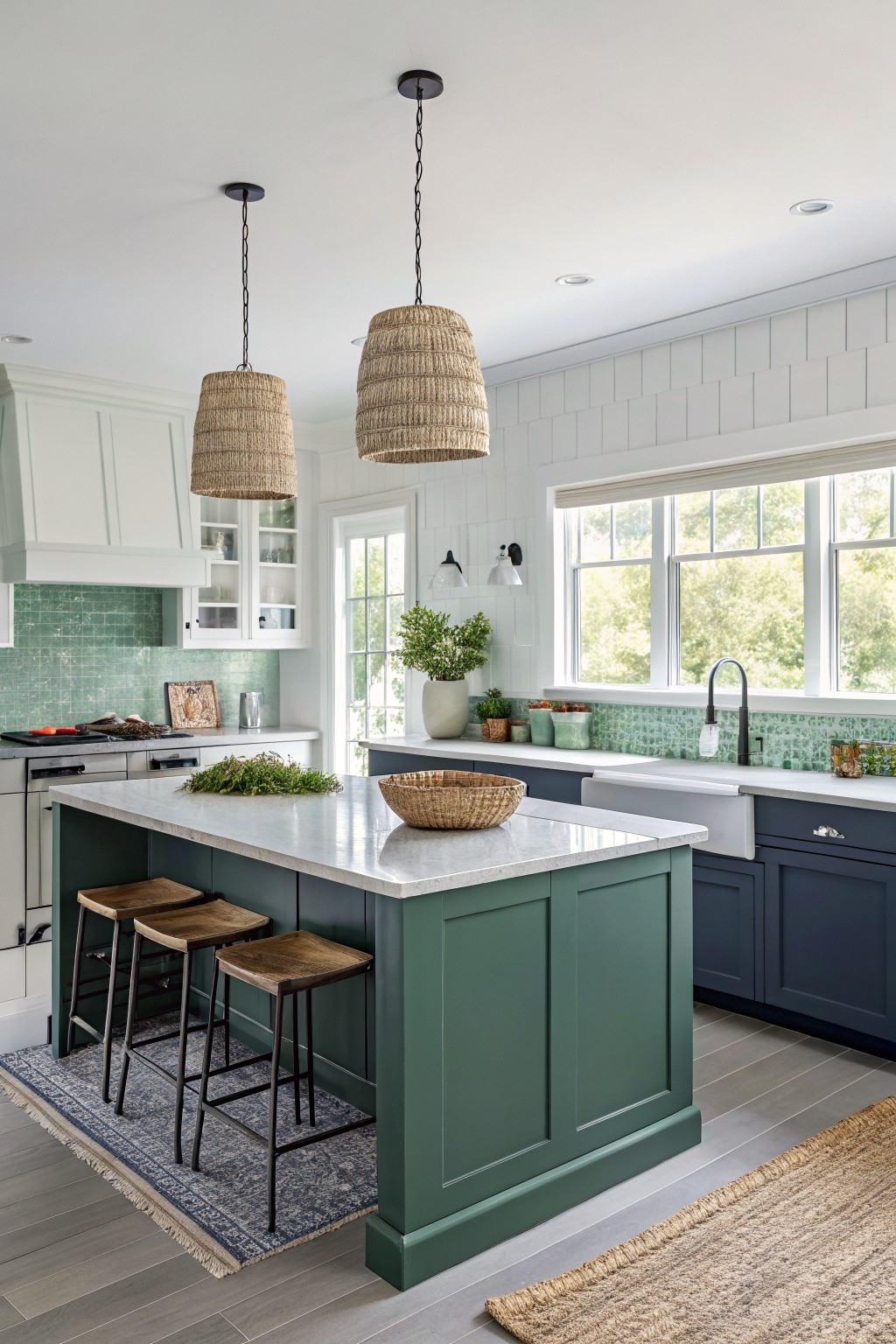 Deep teal green kitchen island with white countertops and dark wood stools.