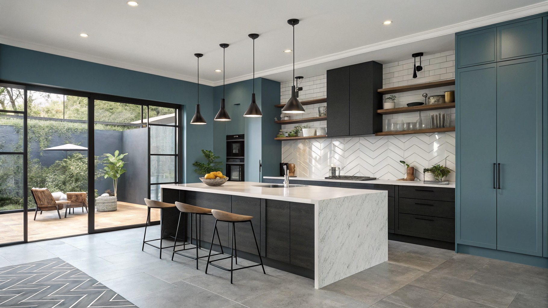 Light blue gray walls in a modern kitchen with dark cabinets and a white island.