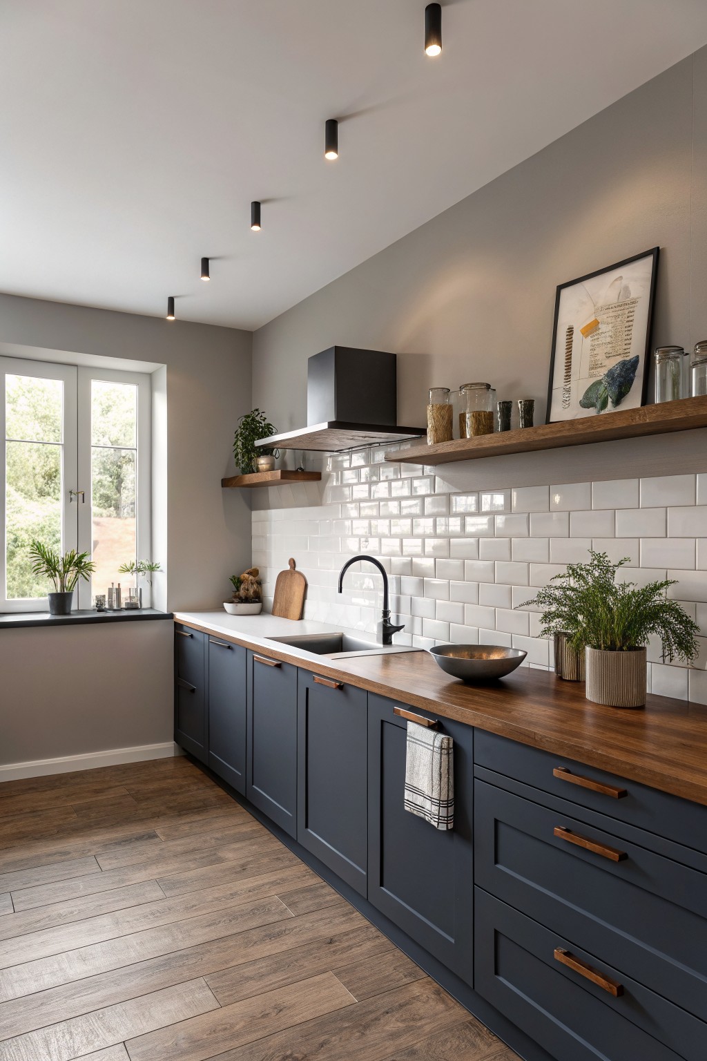 Light gray walls paired with dark gray cabinets in a modern kitchen.