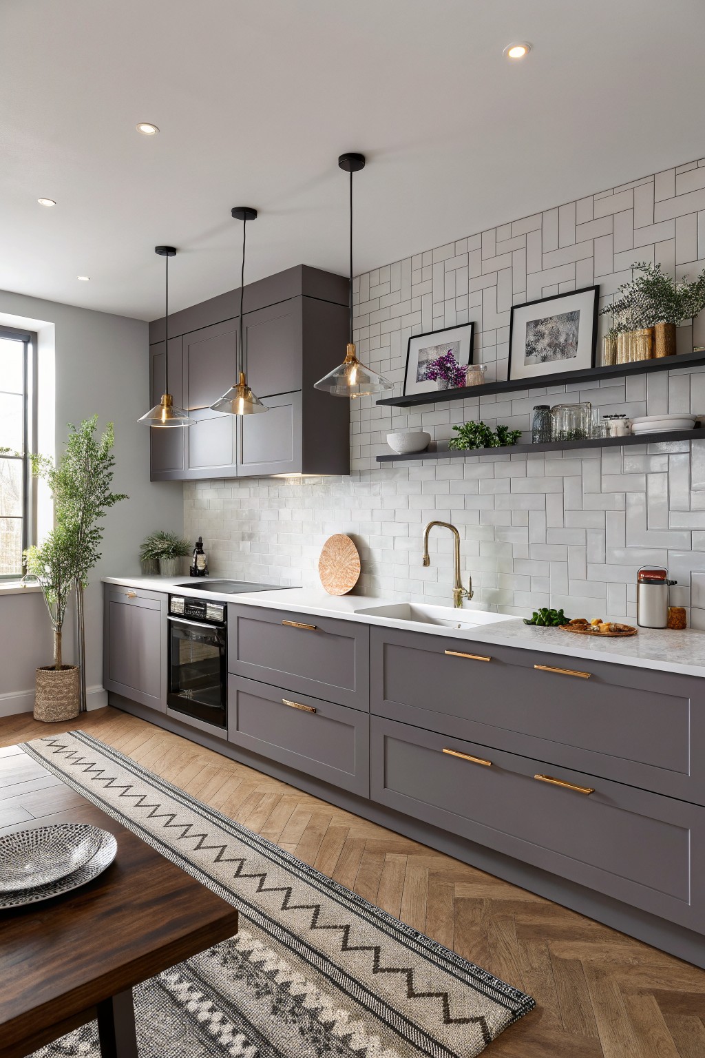 Medium gray kitchen cabinets with white counters and wood flooring.