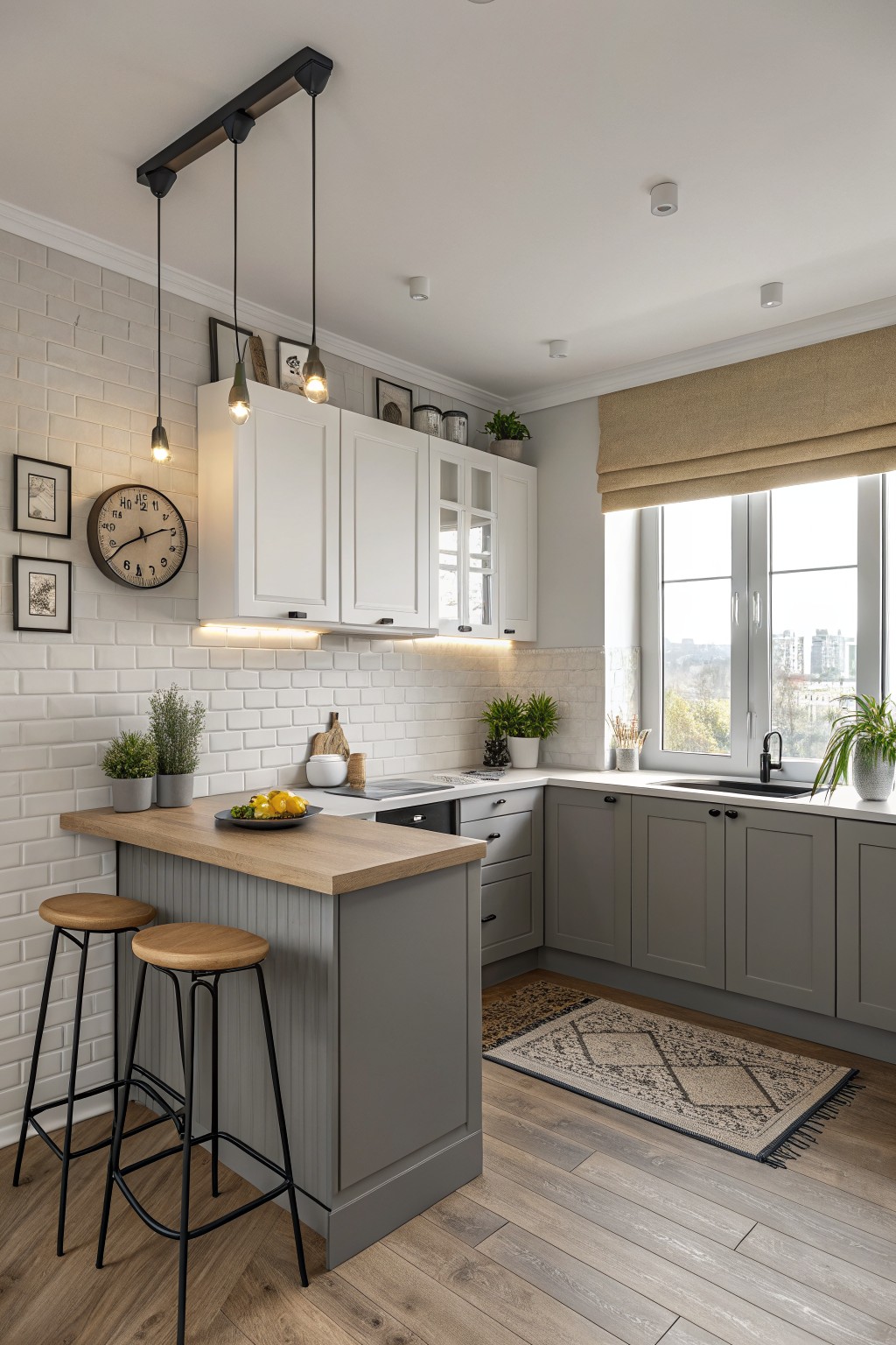 Gray lower cabinets paired with white upper cabinets in a modern kitchen.