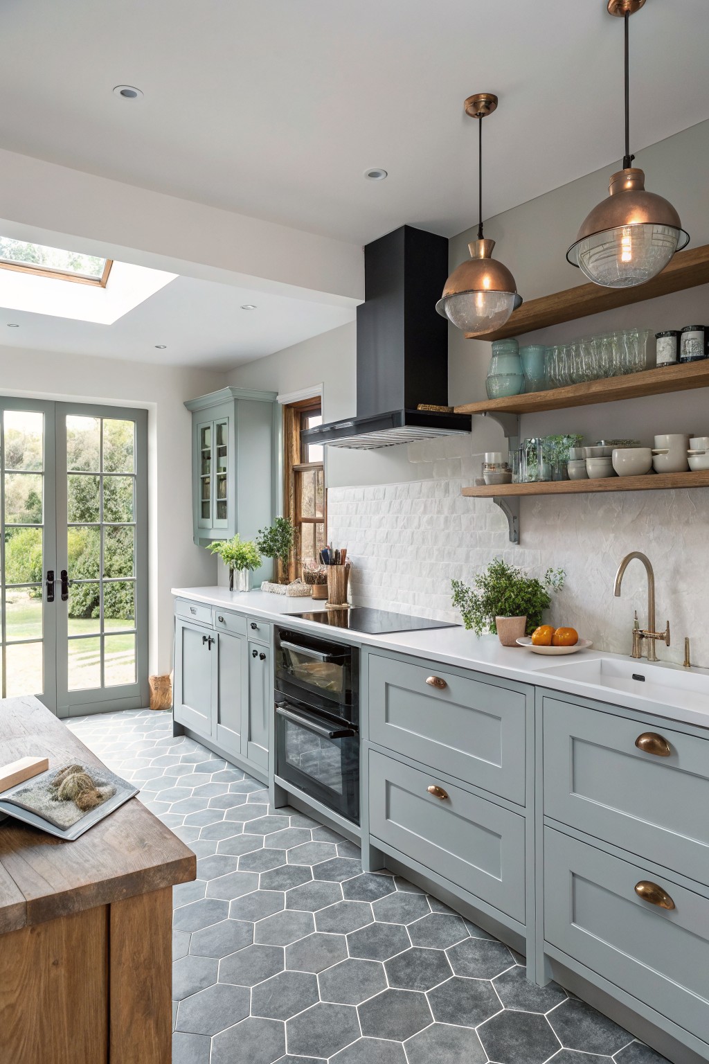 Gray kitchen cabinets with white countertops and open wood shelves.