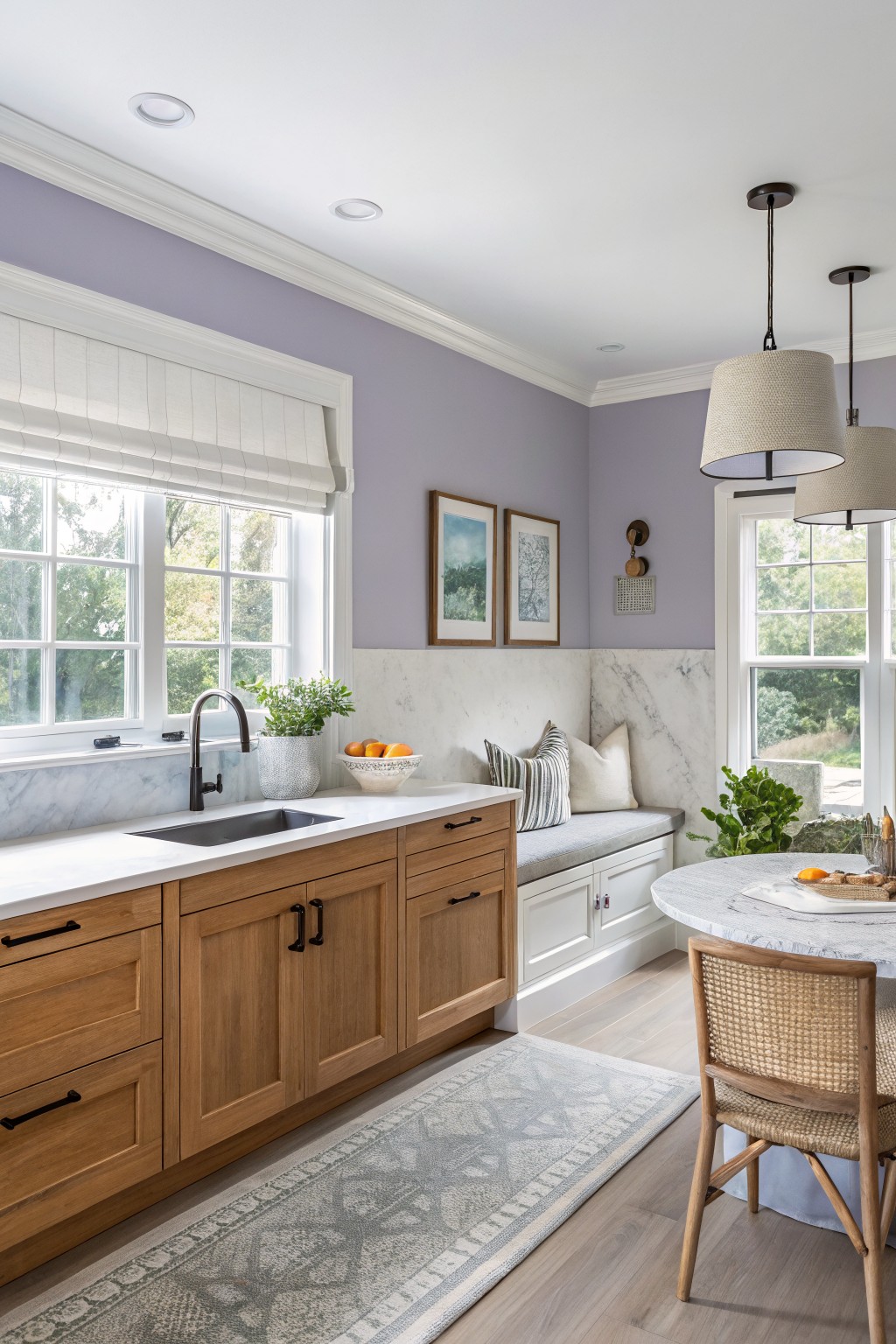 Kitchen walls painted in a soft lavender gray with wooden cabinets below.
