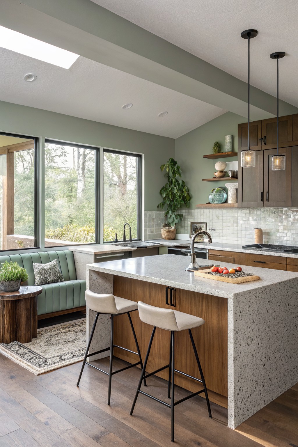 Kitchen walls painted in a soft sage gray with wood cabinetry and a central island.