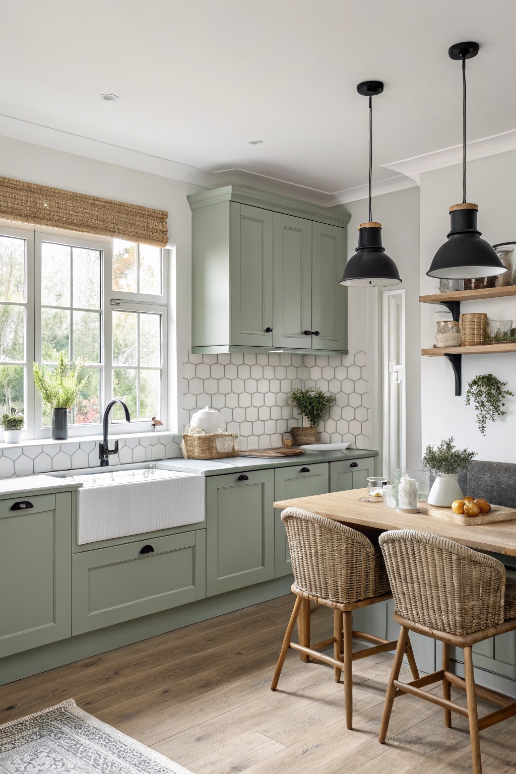 Sage green kitchen cabinets with white tile backsplash and wood flooring.