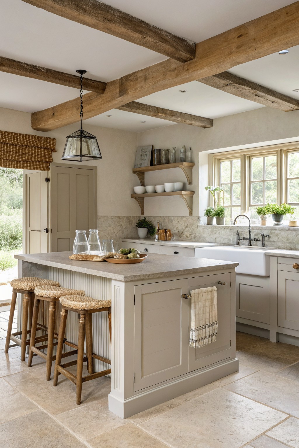 Rustic kitchen with wooden beams, central island, woven stools, and farmhouse sink