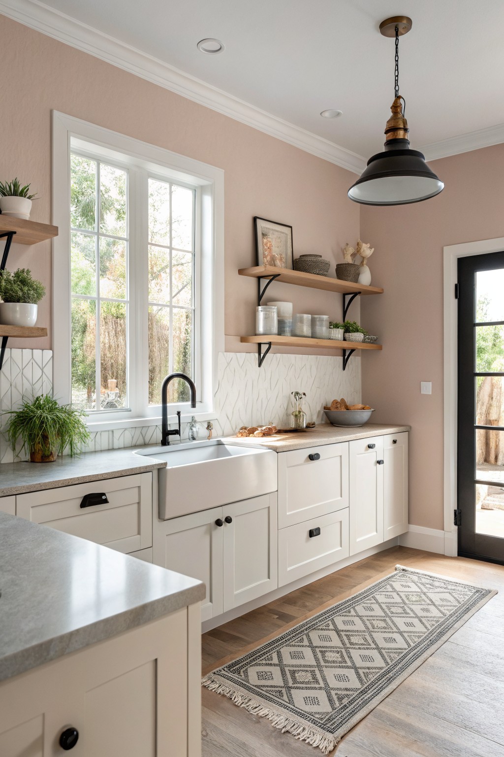 A kitchen with soft warm gray walls and white cabinets.