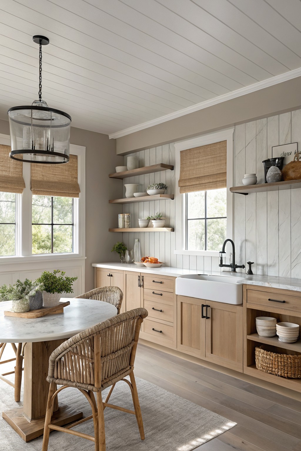 Kitchen walls painted in a soft warm gray next to light wood cabinets.