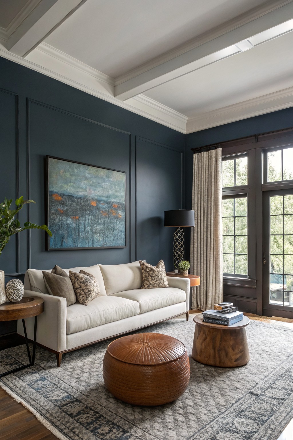Deep navy blue walls in a living room with white trim and a white sofa.