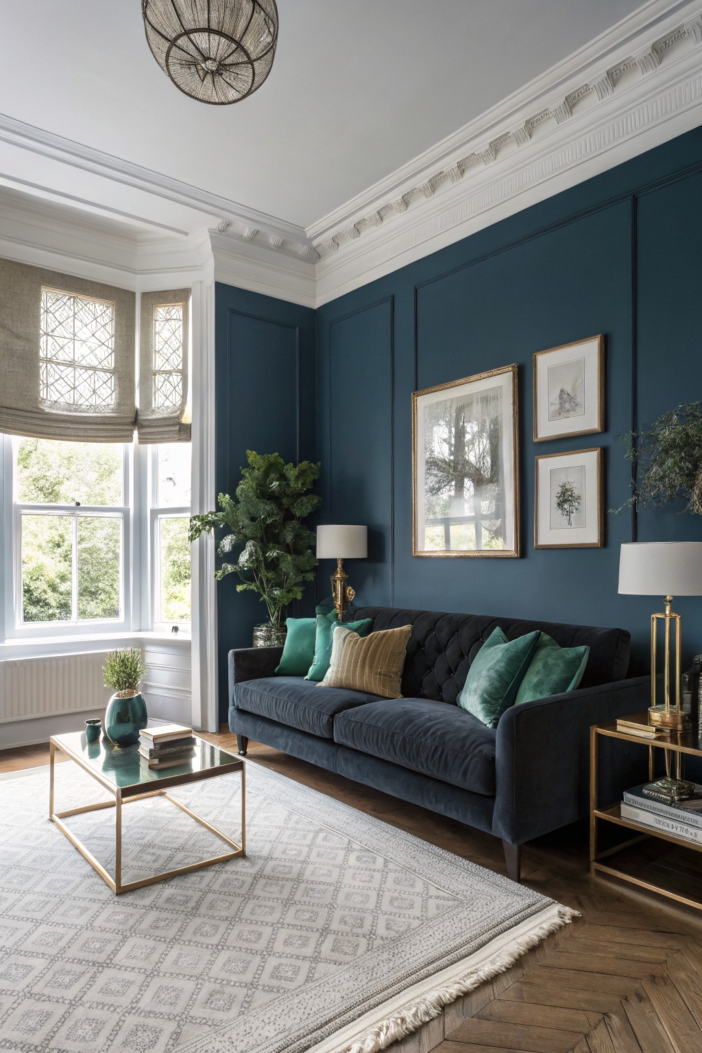 A living room with deep teal walls and a navy sofa.