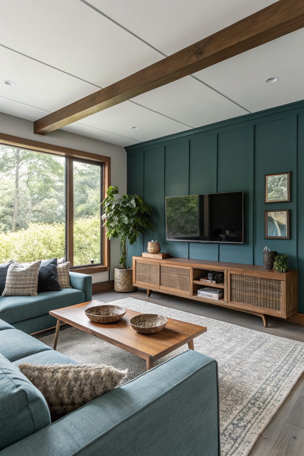 Modern living room with teal sofa, wooden coffee table, TV on green wall