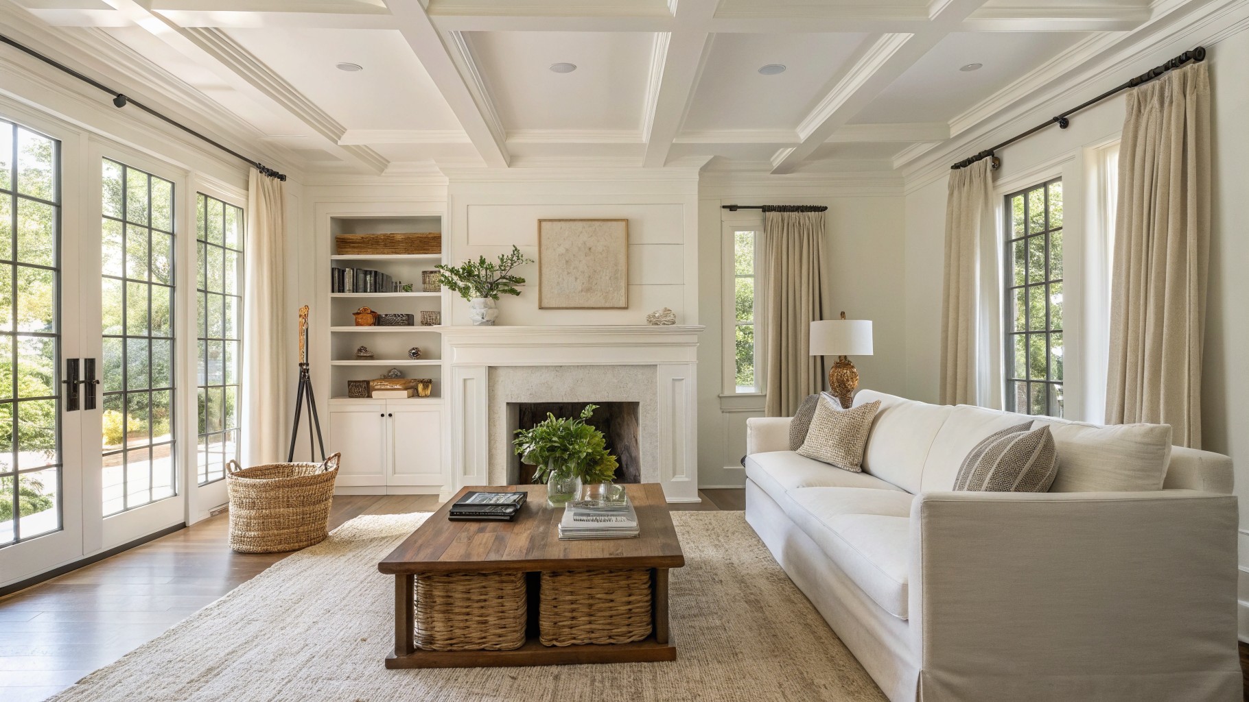 A living room with bright white walls and built-in shelving.