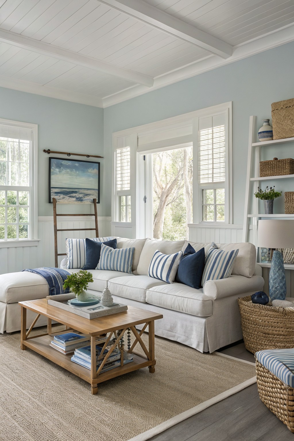 Bright living room with white sectional sofa, blue striped pillows, and wooden coffee table.