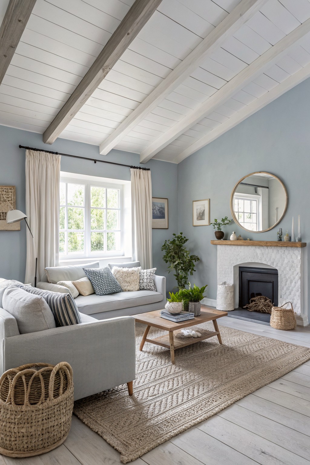 Living room with soft blue gray walls, white trim, and exposed wood beams.