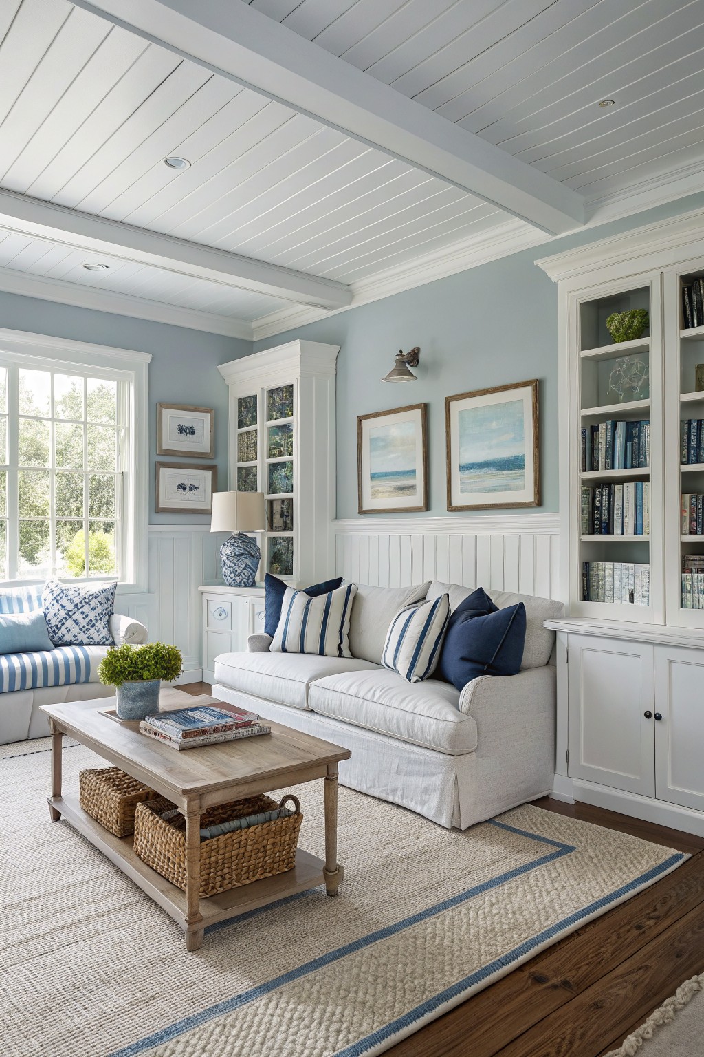 Living room with soft blue-gray walls and white trim.
