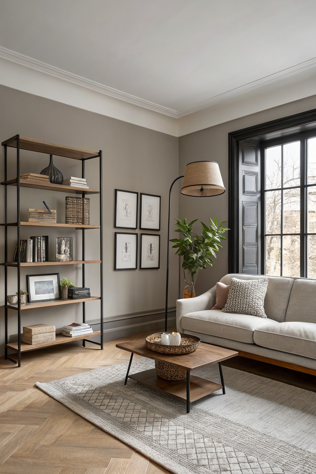 Living room with walls painted a soft greige color.