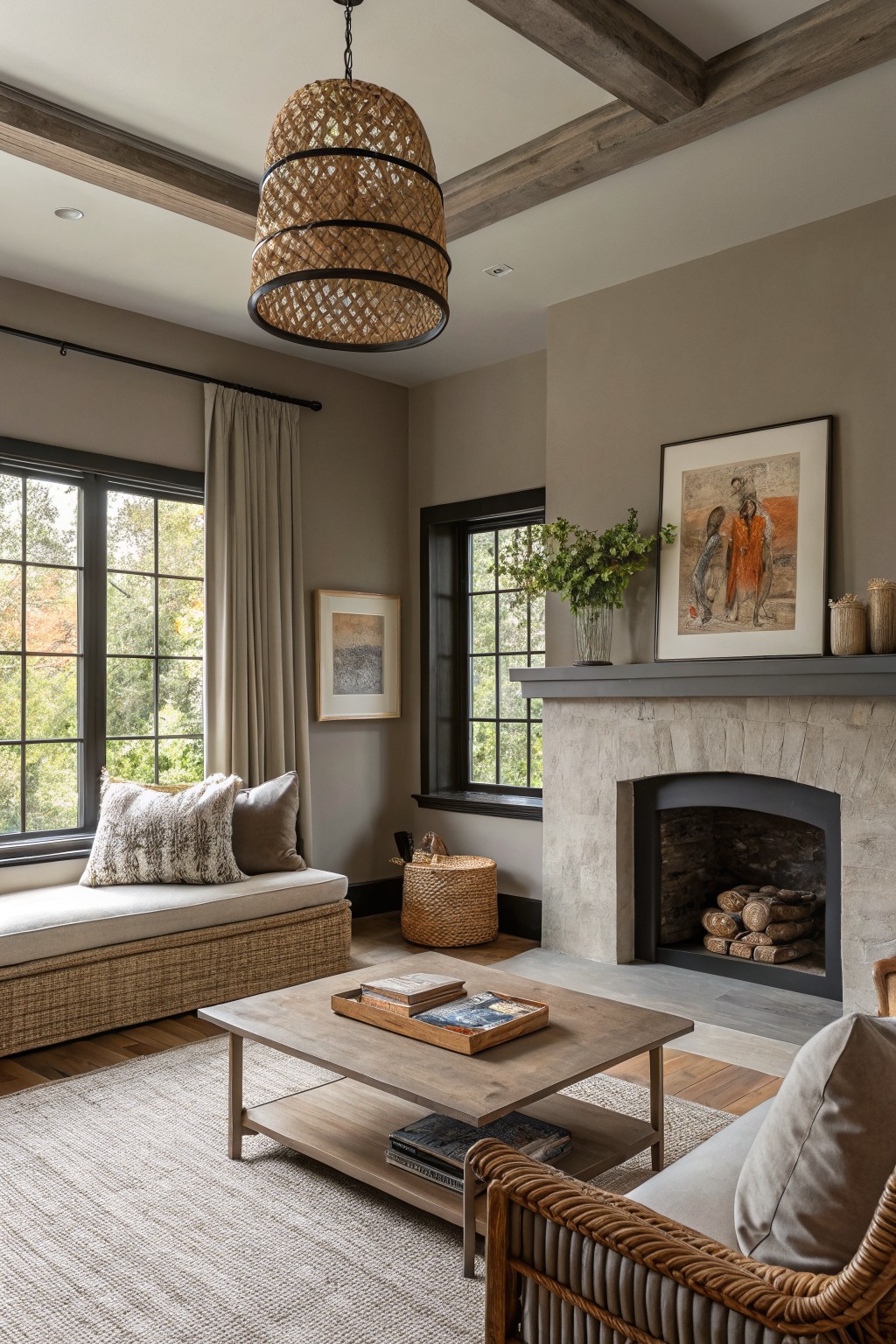 Living room walls painted in a soft greige neutral.