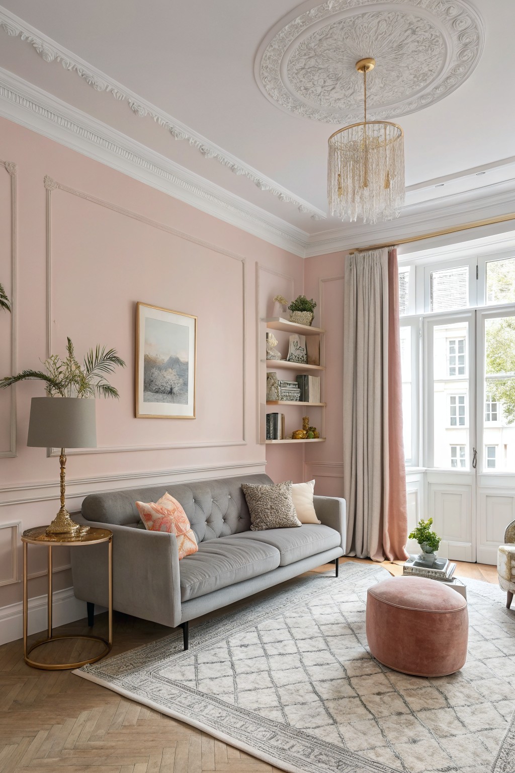 A living room with soft pink walls and white trim.