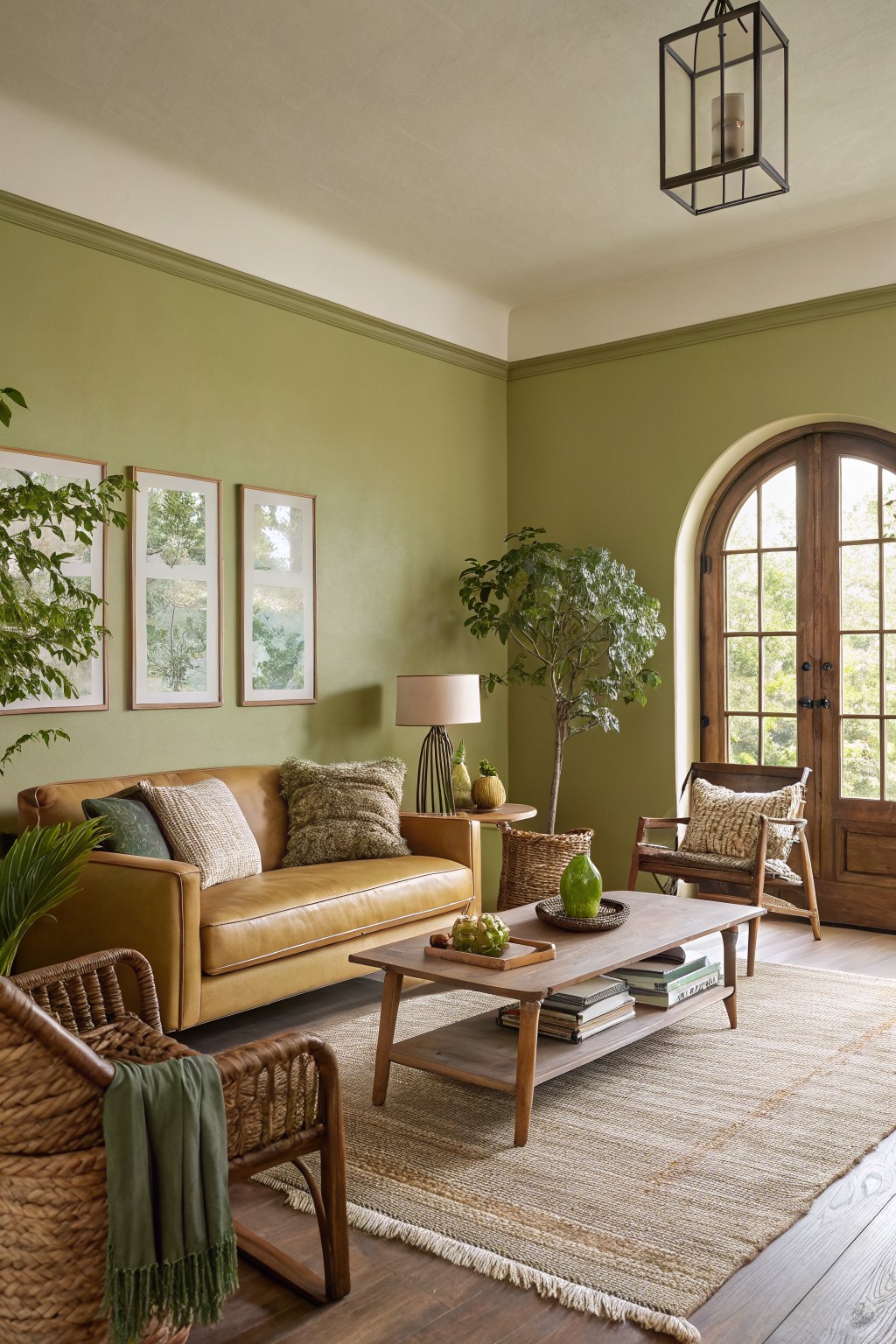 A living room with soft sage green walls and wood furniture.