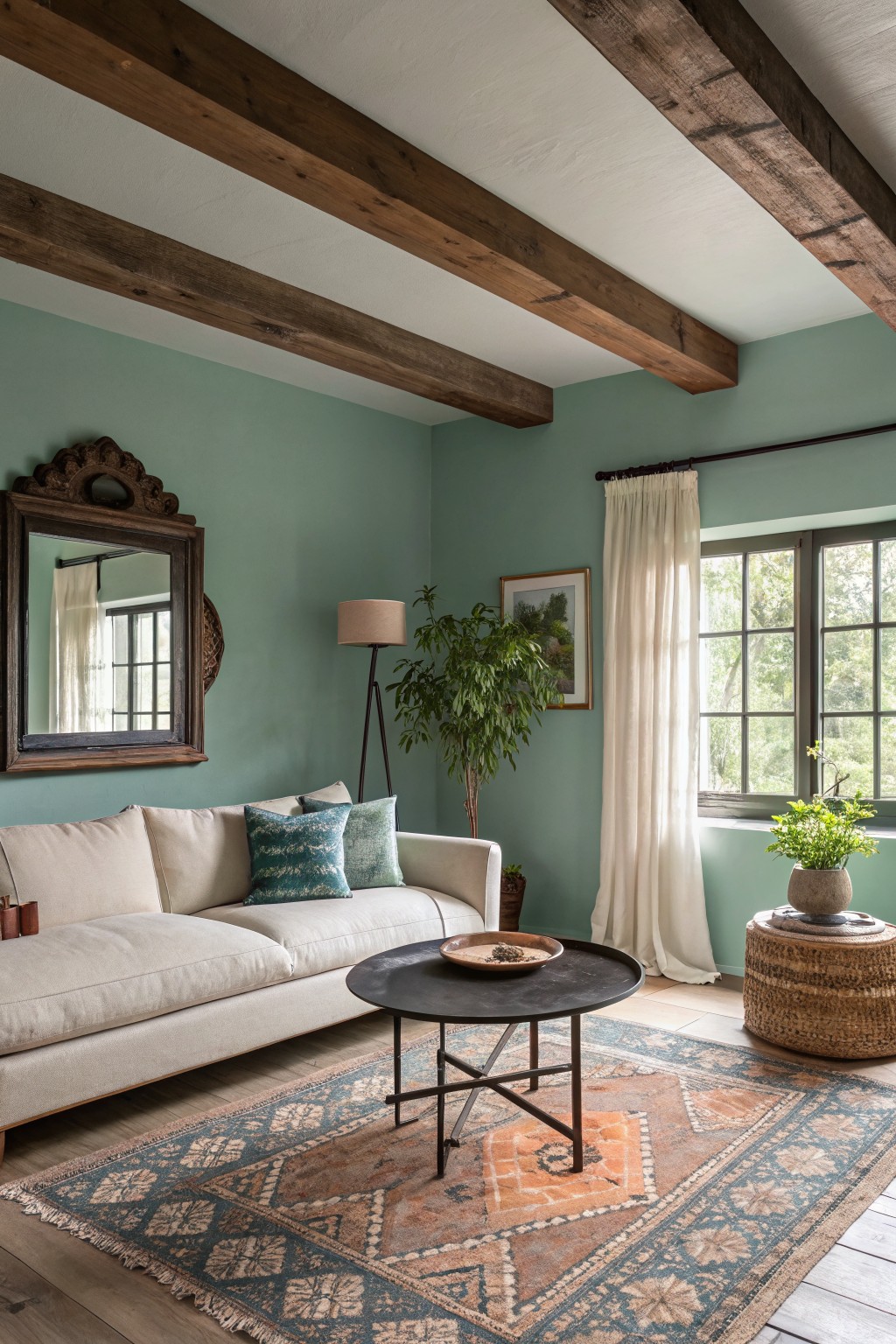 Cozy living room with teal walls, cream sofa, wooden beams, and patterned rug.