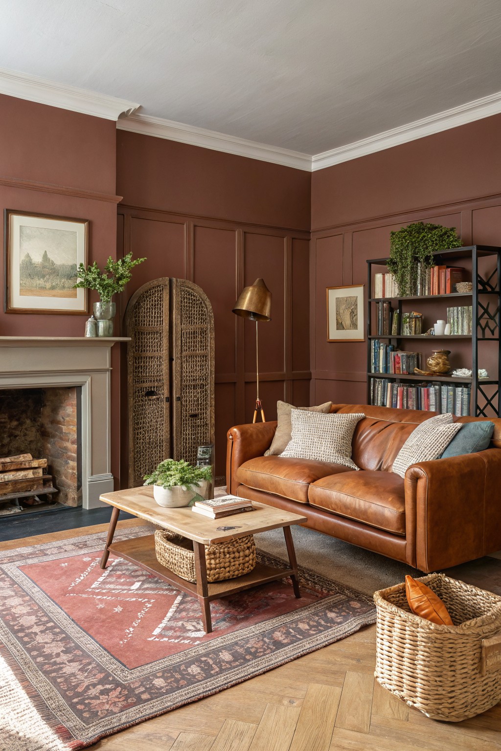 Living room walls painted in a deep terracotta shade with wood paneling.