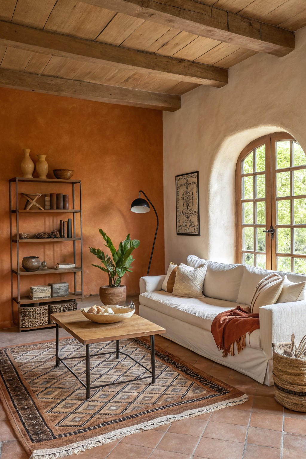 Living room with warm terracotta orange walls and wooden ceiling beams.