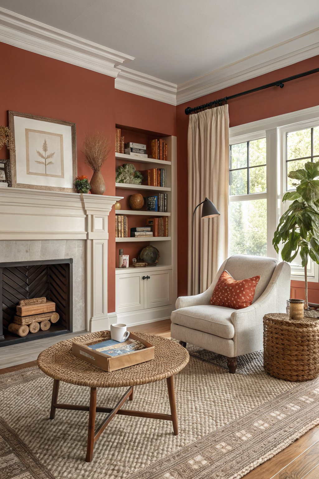 Living room walls painted in a warm terracotta shade next to white built-in shelves.
