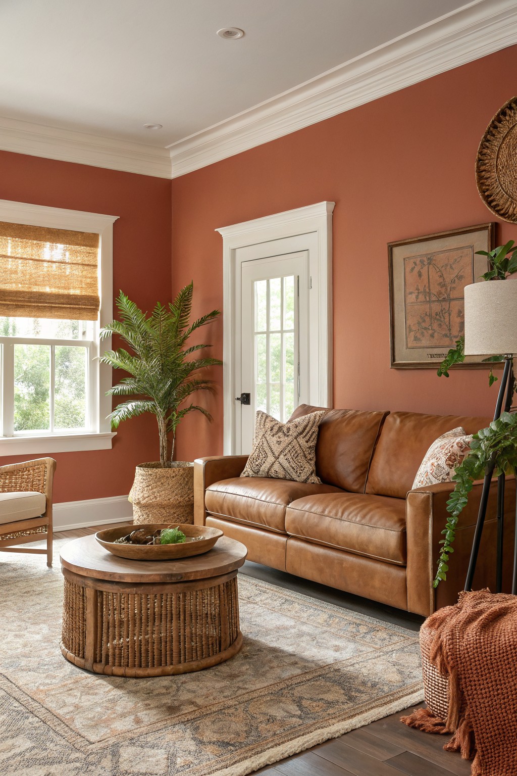 Living room with warm terracotta walls and white trim.