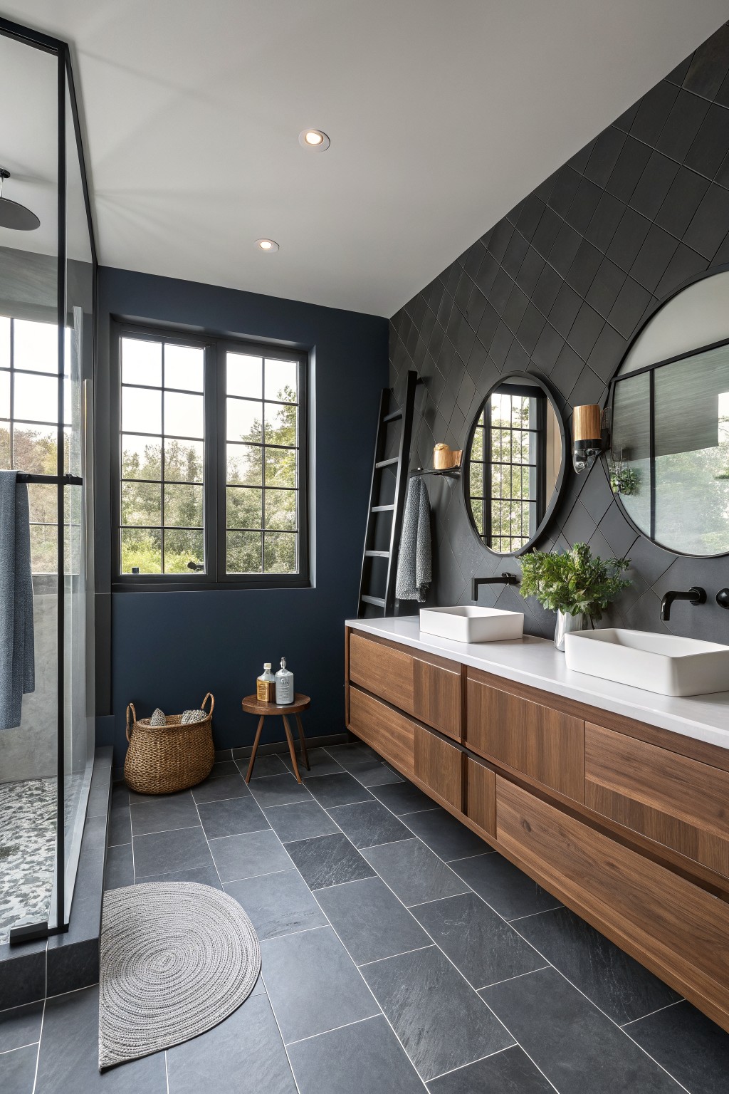 A modern bathroom featuring deep navy walls and a long wood vanity.