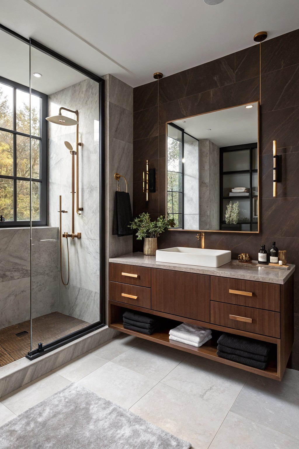 A modern bathroom with deep brown walls and a floating wood vanity.