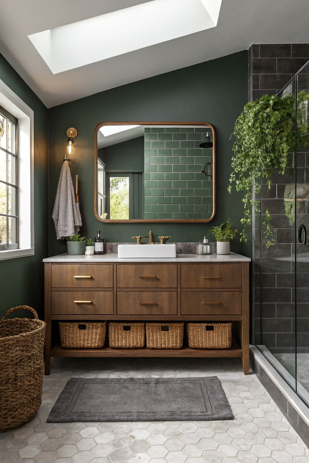 Modern bathroom with dark green walls, wooden vanity, skylight, and hanging plants.