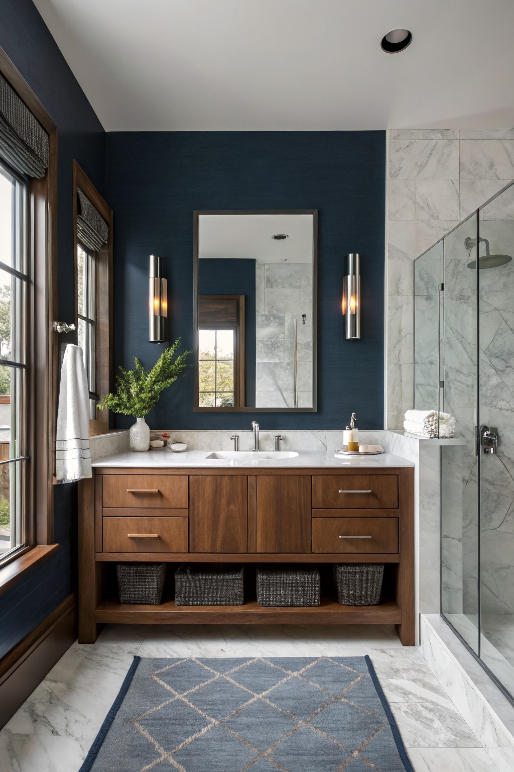 A bathroom featuring deep navy walls behind a wood vanity and marble counter.