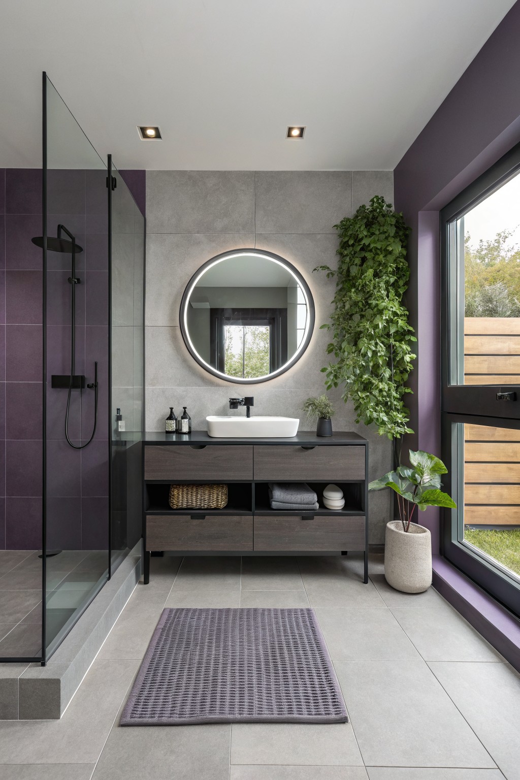 Modern bathroom with deep purple painted walls and a round backlit mirror above a floating vanity.