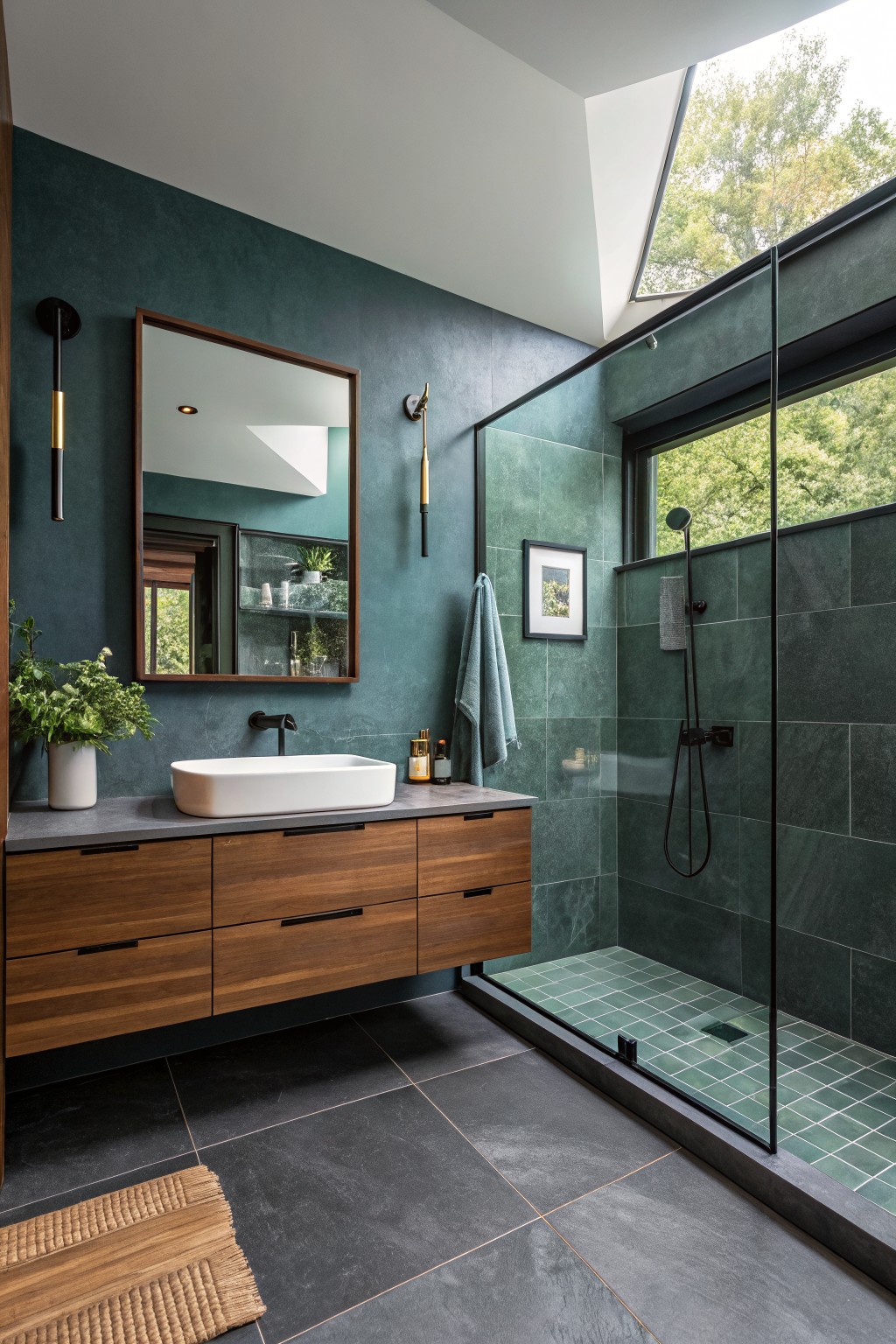A modern bathroom featuring deep teal walls and a wood vanity.
