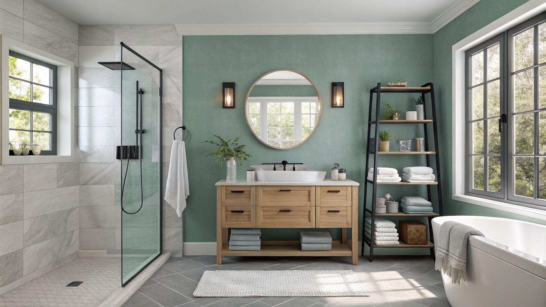 A bathroom with soft sage green walls, a round mirror, and a light wood vanity.