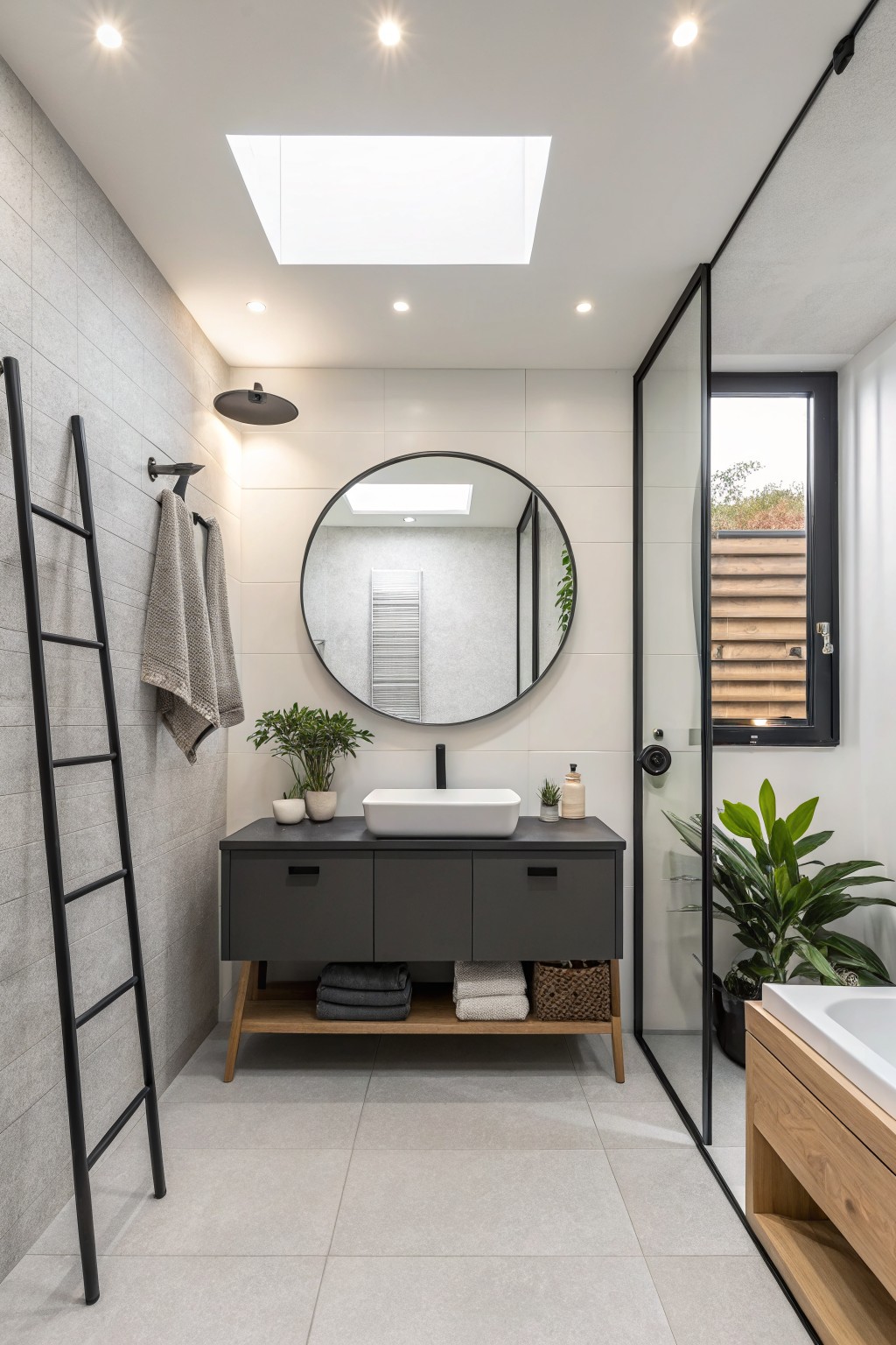 Light gray tiled walls in a modern bathroom with a dark vanity and round mirror.
