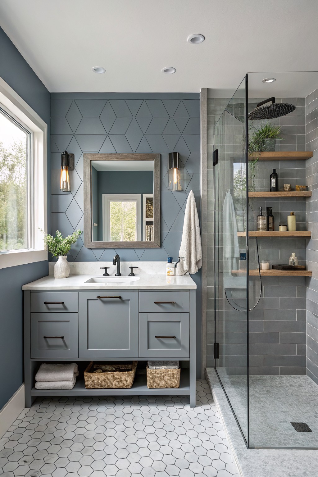Bathroom walls painted in a muted blue gray with a vanity and shower area.