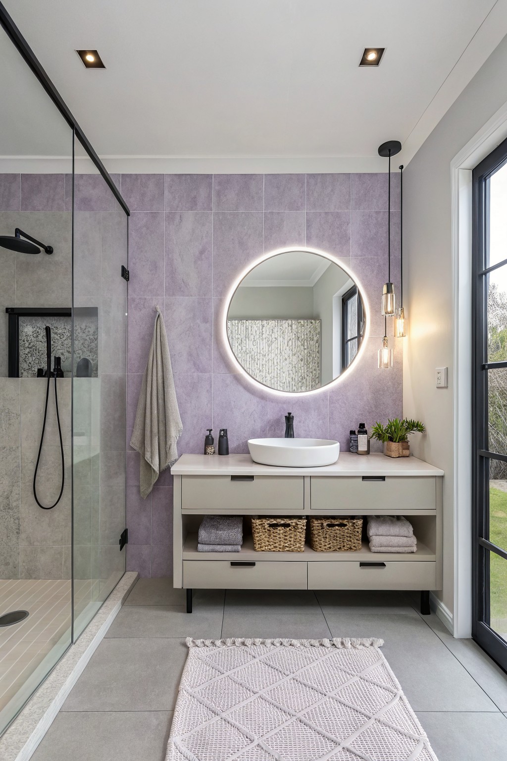 A modern bathroom with muted lavender walls behind a floating vanity and round backlit mirror.