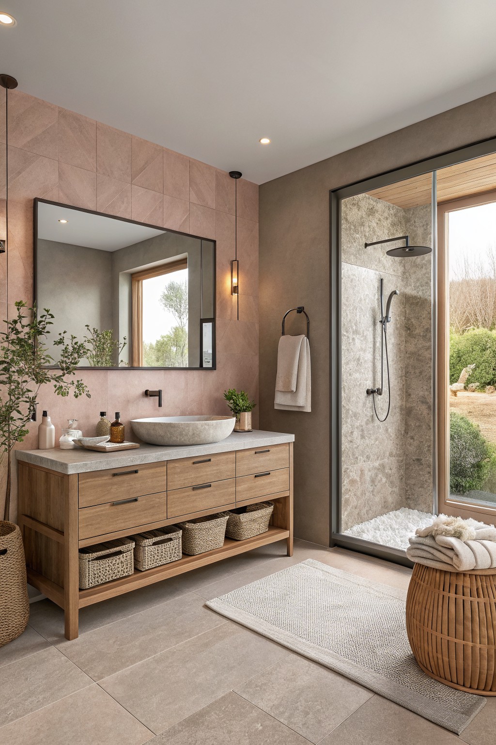 A modern bathroom with soft clay pink walls and a wooden vanity.