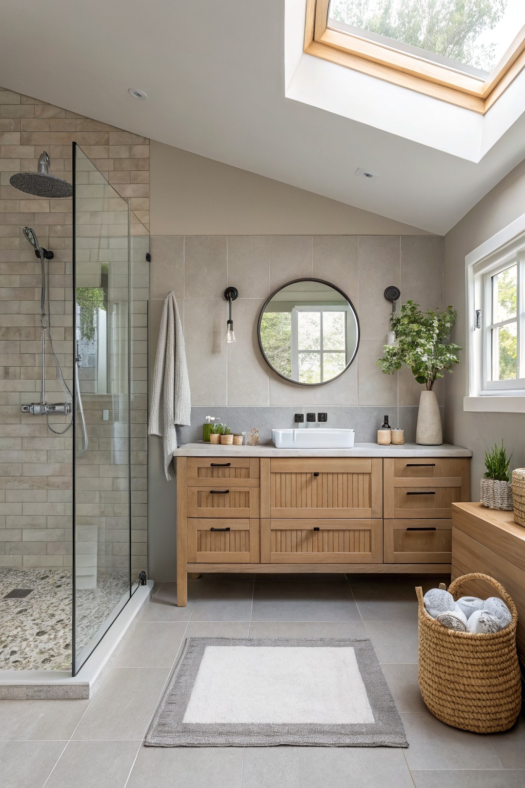 Bathroom walls painted in a soft greige with wood vanity and round mirror.