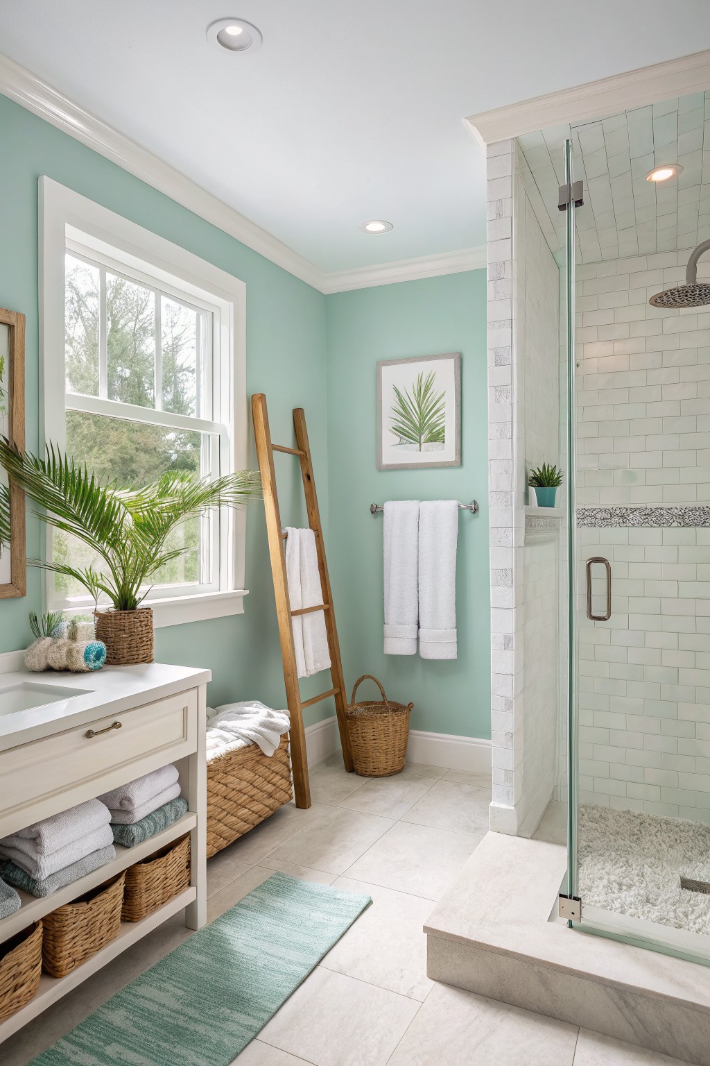 Bathroom walls painted in a soft mint green with white trim and a glass shower.