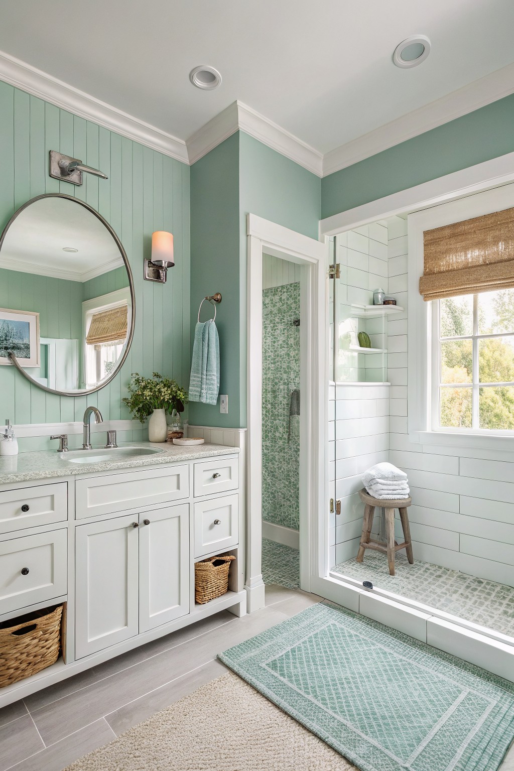 Mint green bathroom with white vanity, round mirror, and tiled shower