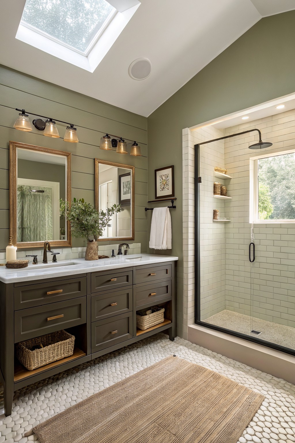 Bathroom walls painted in a soft sage green with a dark vanity and white tiled shower.